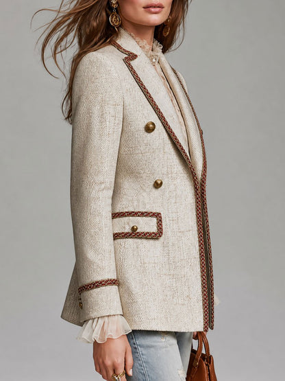 Quiet Luxury Double-Breasted Braided Trim Tweed Blazer