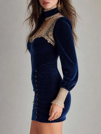 Elegant Velvet Sweetheart Neckline Long Sleeve Lace Trim Mini Dress