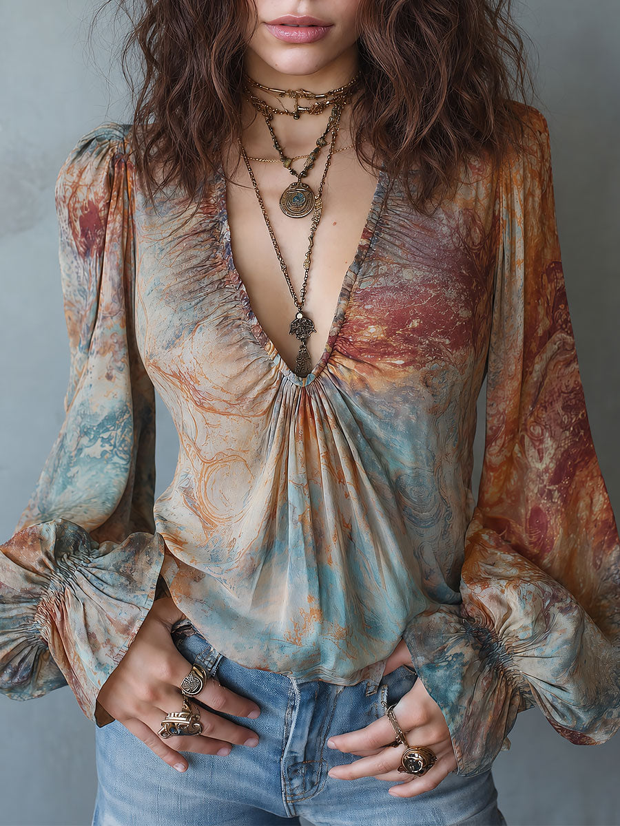 Boho Deep V-Neck Tie-Dye Print Blouse With Balloon Sleeves