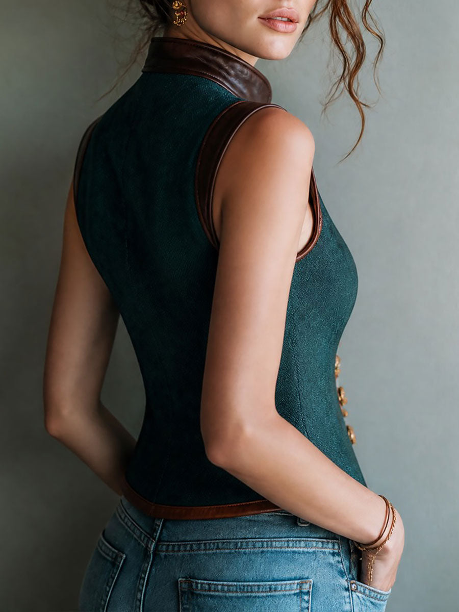 Retro Stand Collar Sleeveless Herringbone Pattern Vest With Faux Leather Trim