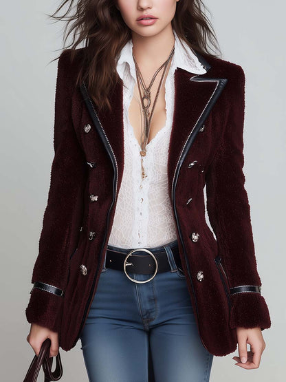 Women's Faux Leather Trim Double-Breasted Faux Fur Blazer