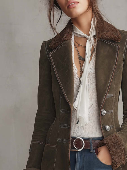 Vintage Faux Fur-collar Contrast Trim Polyester Suede Long Blazer