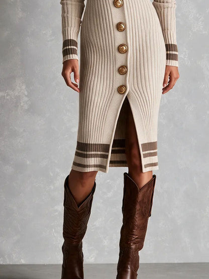 Boho Retro V‑Neck Striped Knit Midi Dress With Gold Buttons
