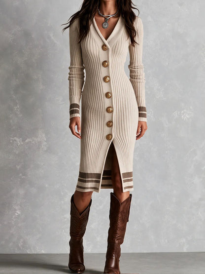 Boho Retro V‑Neck Striped Knit Midi Dress With Gold Buttons