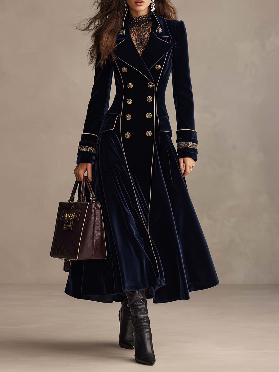Navy Velvet Cuff Embroidery Double-Breasted Long Coat With Gold Piping