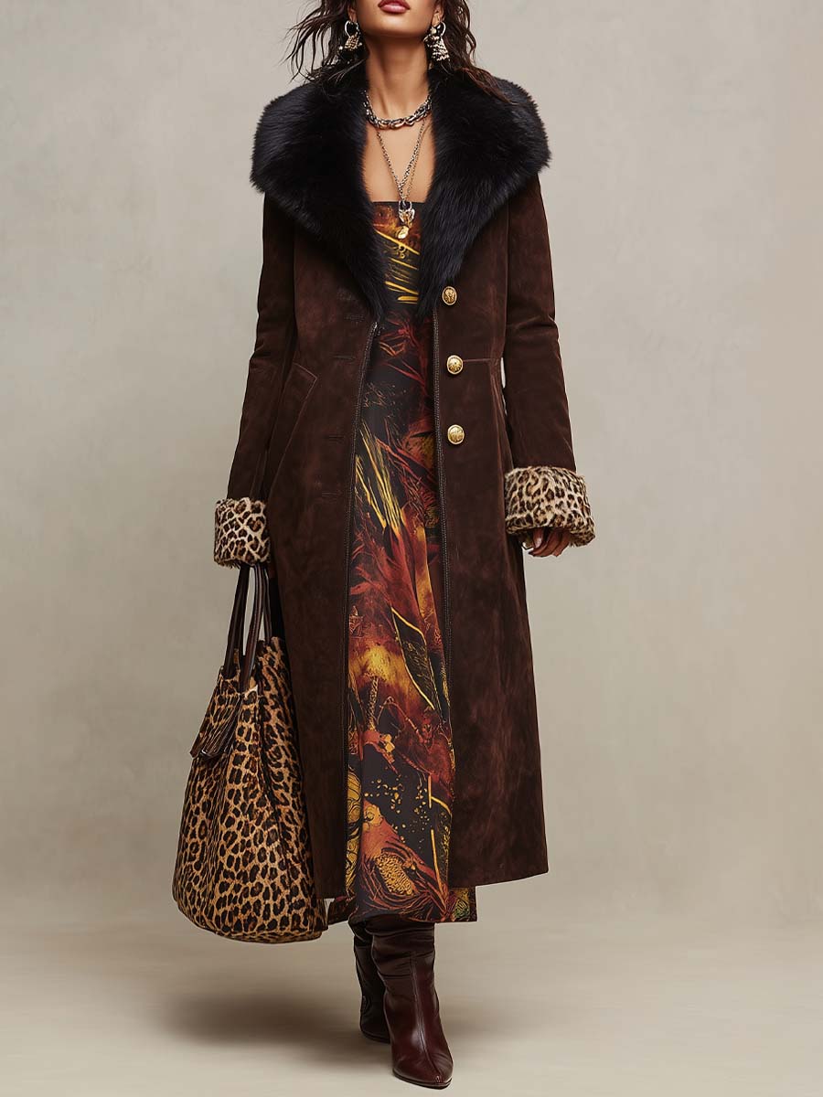 Faux Suede Longline Coat with Faux Fur Collar & Leopard Cuffs