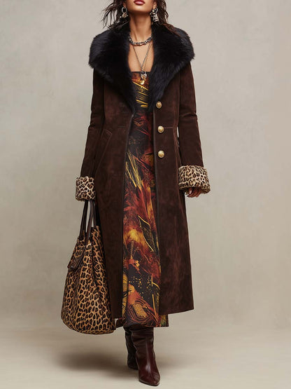 Faux Suede Longline Coat with Faux Fur Collar & Leopard Cuffs