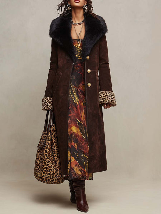 Faux Suede Longline Coat with Faux Fur Collar & Leopard Cuffs