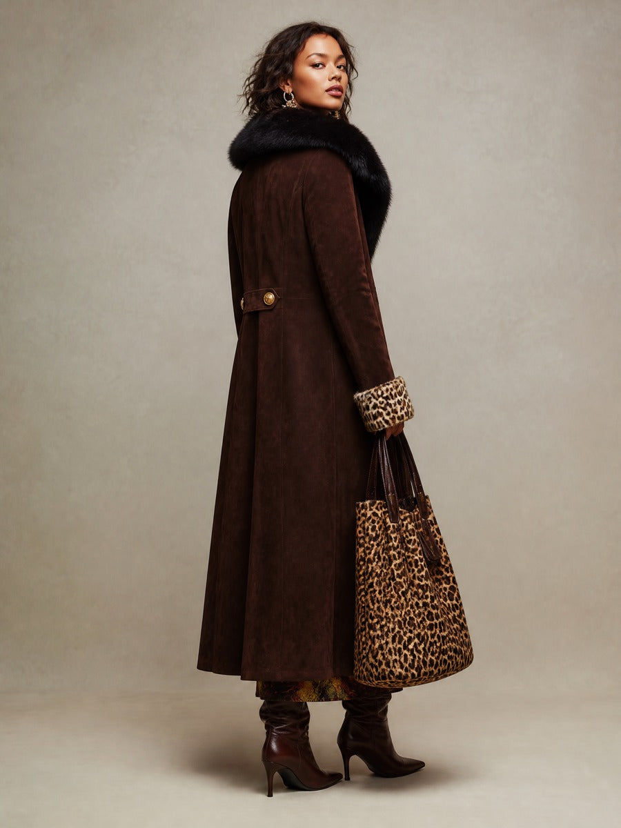 Faux Suede Longline Coat with Faux Fur Collar & Leopard Cuffs
