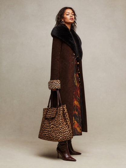 Faux Suede Longline Coat with Faux Fur Collar & Leopard Cuffs