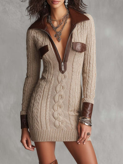 Vintage Cable Knit Zip-Up Sweater Dress with Faux Leather Trim