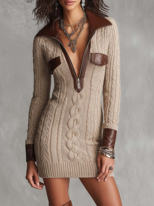 Vintage Cable Knit Zip-Up Sweater Dress with Faux Leather Trim