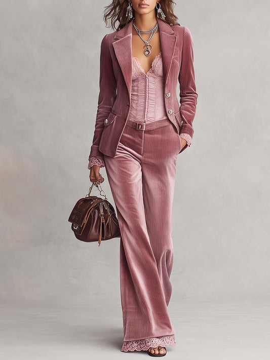 Vintage Lace Trim Corduroy Two-piece Set