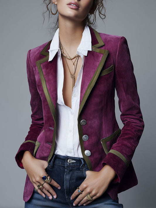 Vintage Plum-colored Suede Fitted Blazer With Contrasting Piping