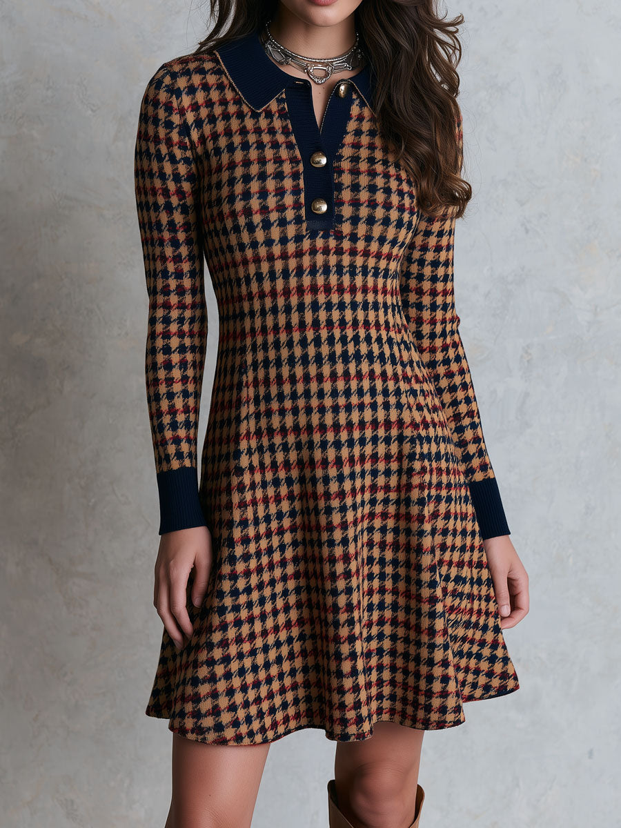 Vintage Contrast Navy Collar Cuff Houndstooth Knit A‑Line Mini Dress