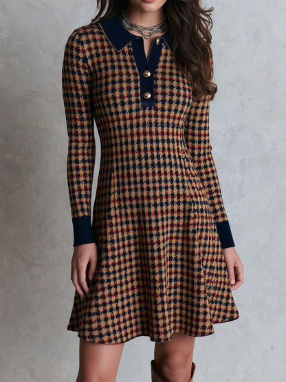 Vintage Contrast Navy Collar Cuff Houndstooth Knit A‑Line Mini Dress
