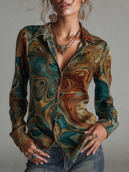 Vintage Marble Print Long Sleeve Button-Up Velvet Blouse