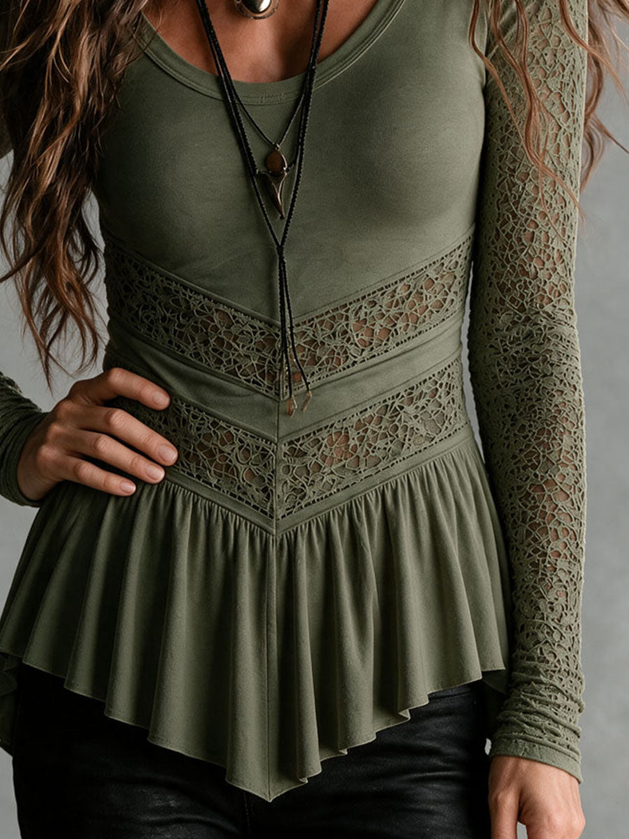 Boho Sage Green U‑Neck Lace Long Sleeve Peplum Top