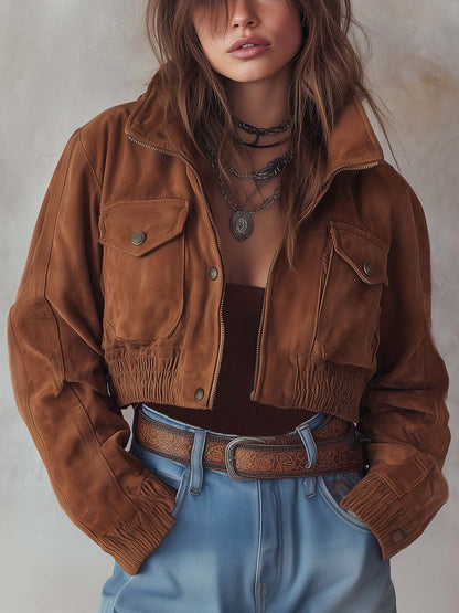 Women's Snap Pockets Cropped Polyester Suede Jacket