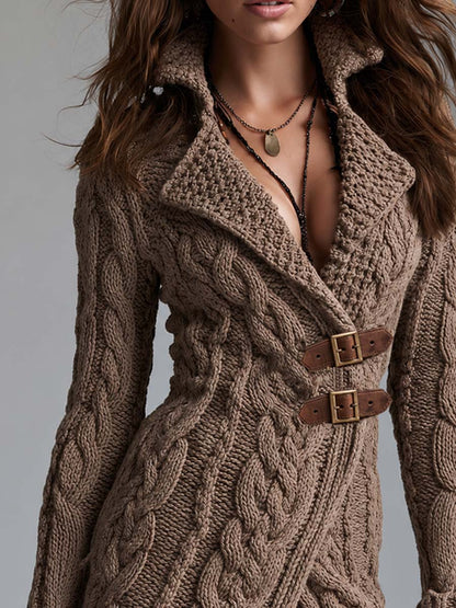 Asymmetric Placket With Leather Buckle Knit Jacket