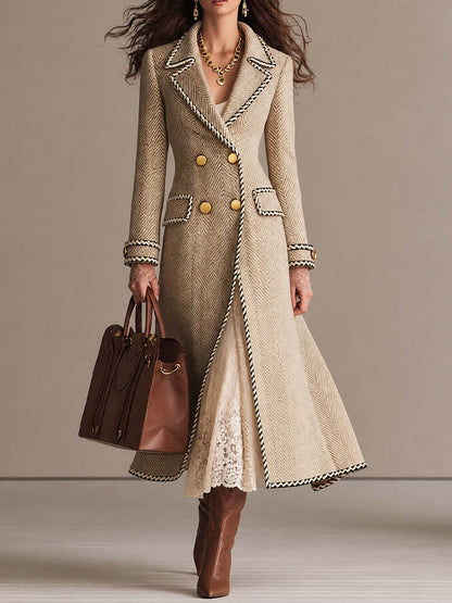 Vintage Herringbone Double-Breasted Long Wool Coat with Contrast Trim