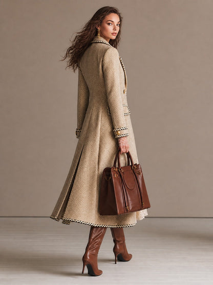 Vintage Herringbone Double-Breasted Long Wool Coat with Contrast Trim