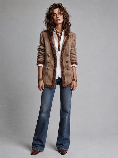 Women's Chunky Rib-Knit Double-Breasted Cardigan with Boucle Trim