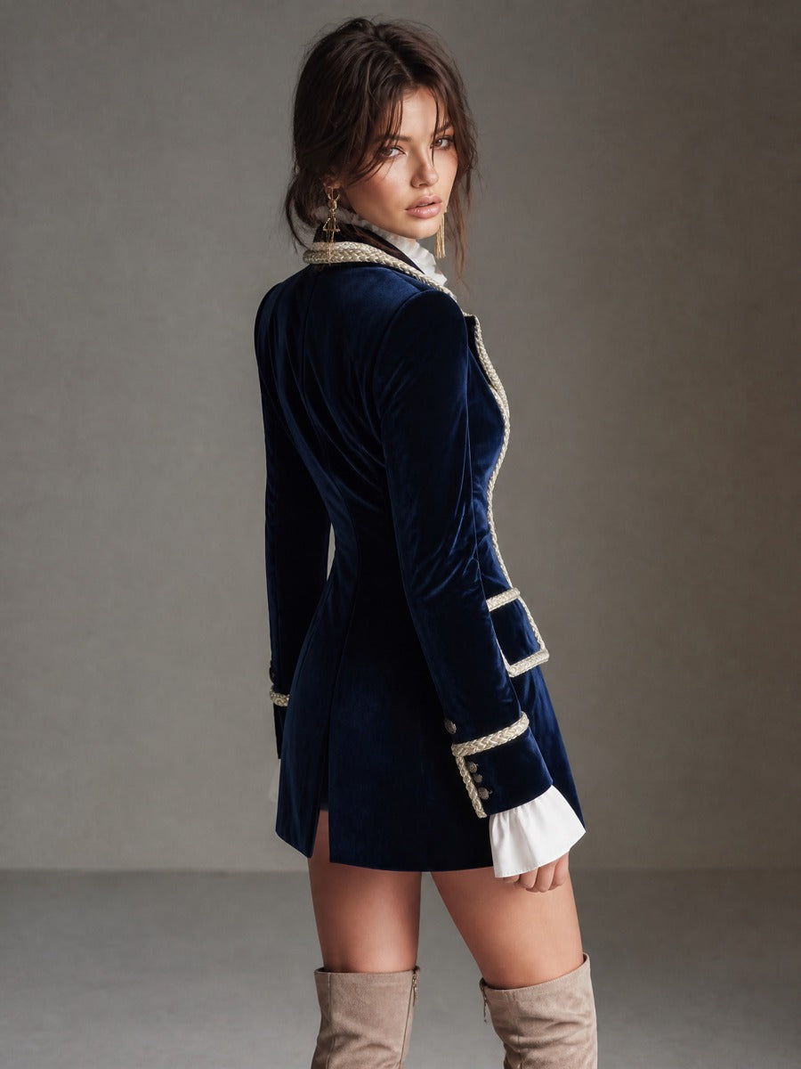 Elegant Navy Velvet Double-Breasted Braided Trim Blazer Dress