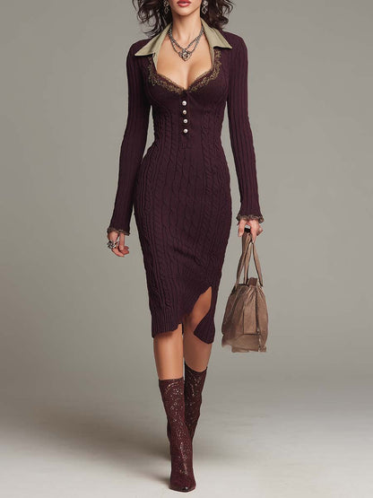 Vintage Berry-Purple Cable-Knit Midi Dress With Contrasting Lace Collar