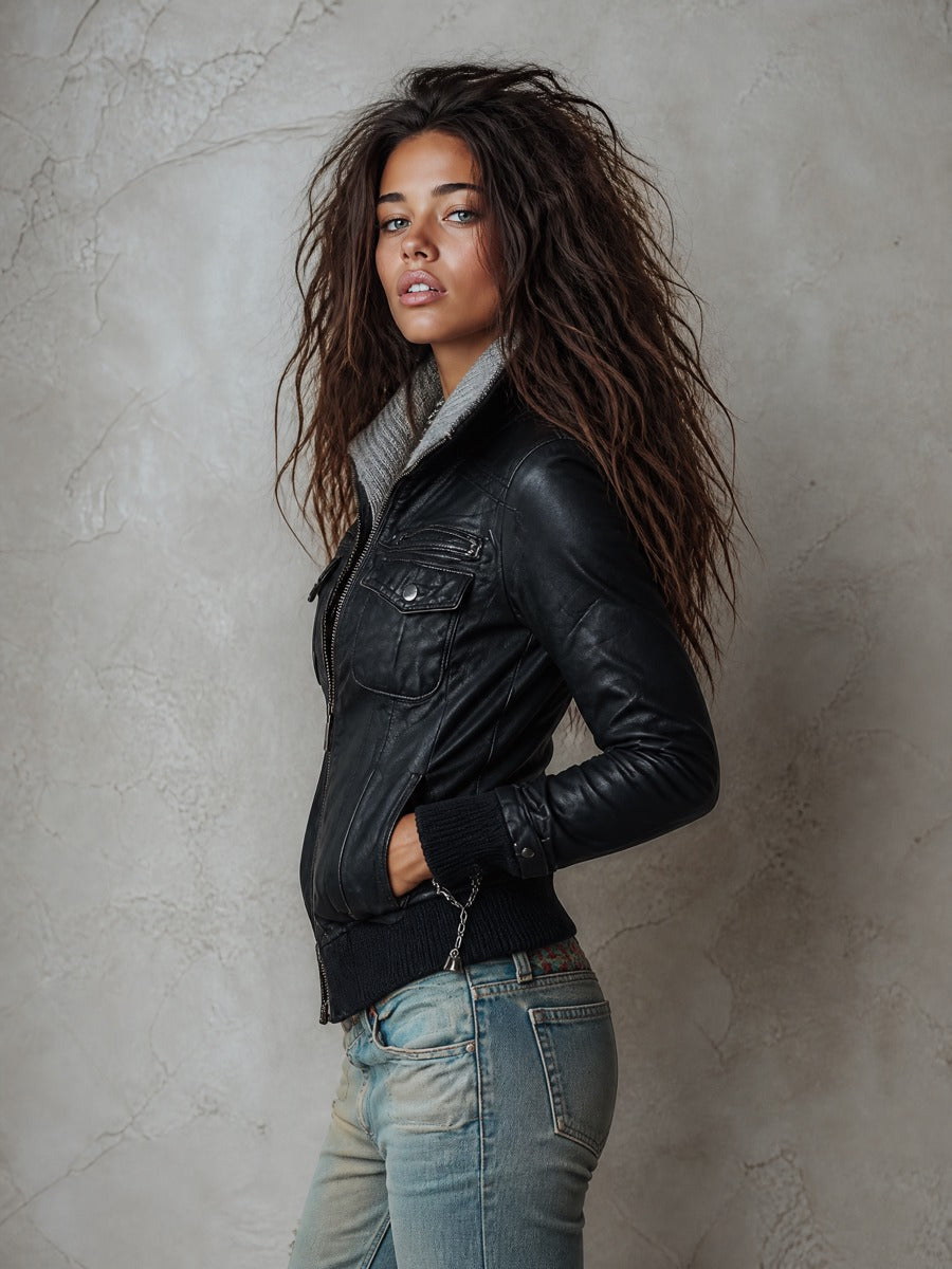 Women's Faux Leather Bomber Jacket with Contrast Knit Collar