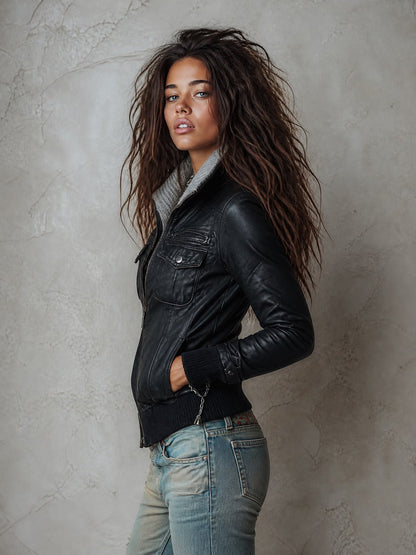 Women's Faux Leather Bomber Jacket with Contrast Knit Collar