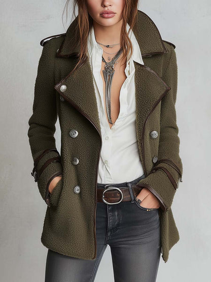 Vintage Contrast Trim Faux Fur Collared Coat