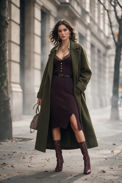 Vintage Berry-Purple Cable-Knit Midi Dress With Contrasting Lace Collar