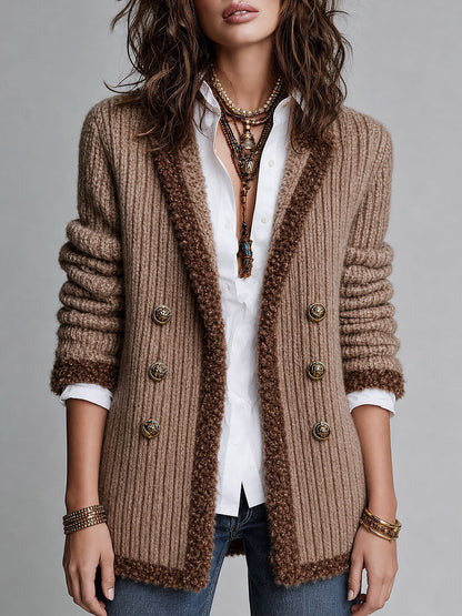 Women's Chunky Rib-Knit Double-Breasted Cardigan with Boucle Trim