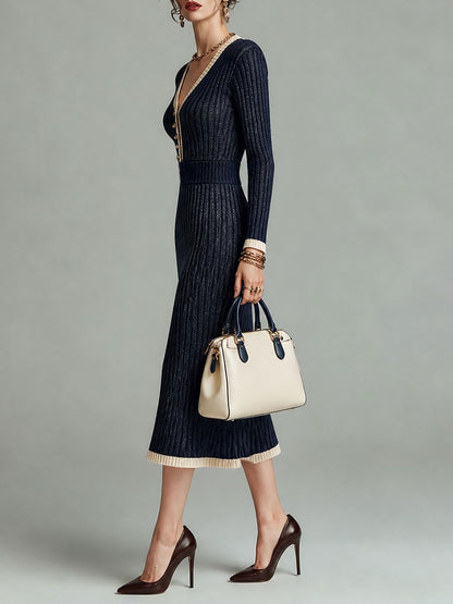 Elegant Ribbed Knit V-Neck Long Sleeve Contrast Trim Mermaid Midi Dress