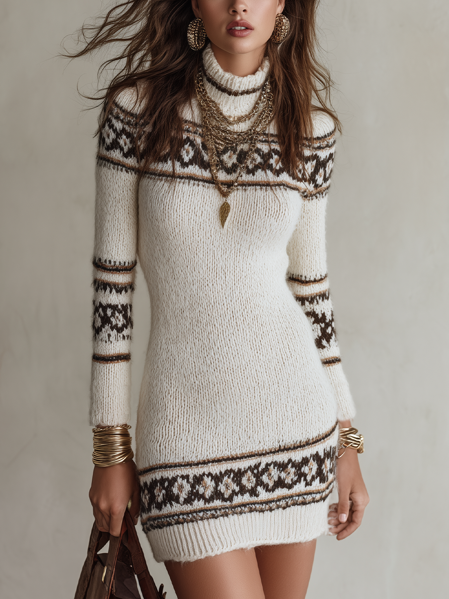 Classic Ivory Fair Isle Turtleneck Knit Mini Dress