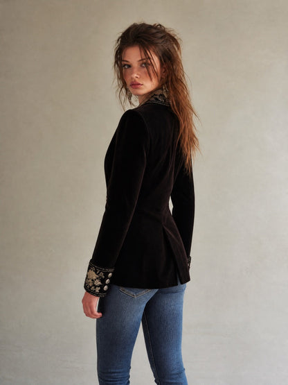 Vintage Velvet Embroidered Double-Breasted Blazer with Floral Detail