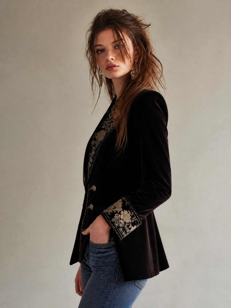 Vintage Velvet Embroidered Double-Breasted Blazer with Floral Detail