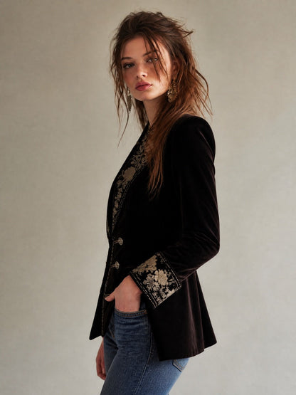 Vintage Velvet Embroidered Double-Breasted Blazer with Floral Detail