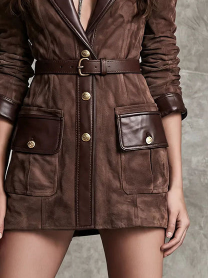 Retro Western Faux Suede Leather Shirt Dress With Contrast Trim