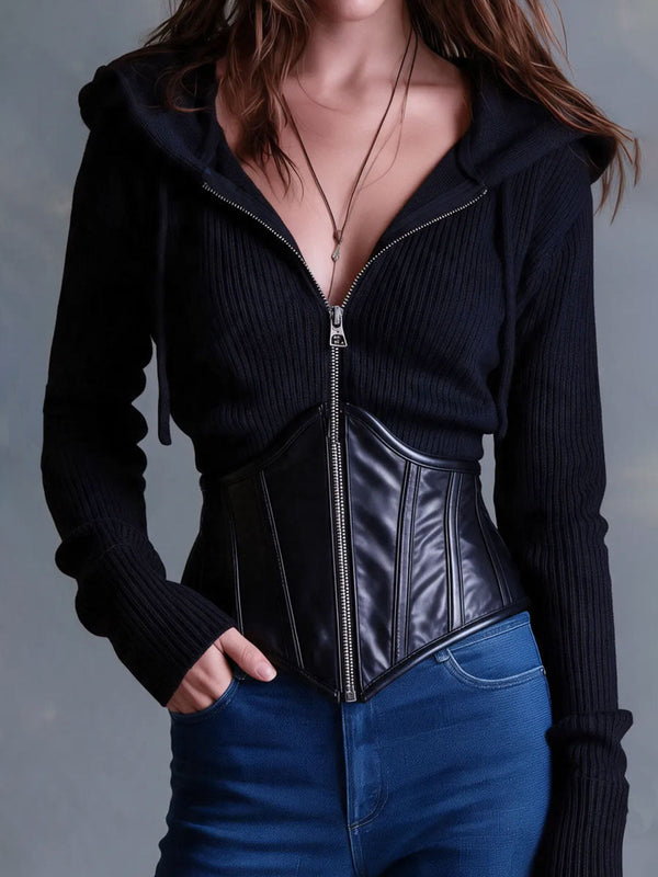 Gothic Full Zip PU Leather Corset Waist Ribbed Hoodie