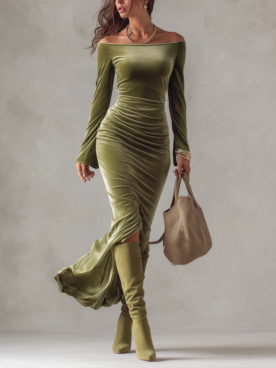Vintage Off-Shoulder Velvet Ruched Maxi Dress with Slit