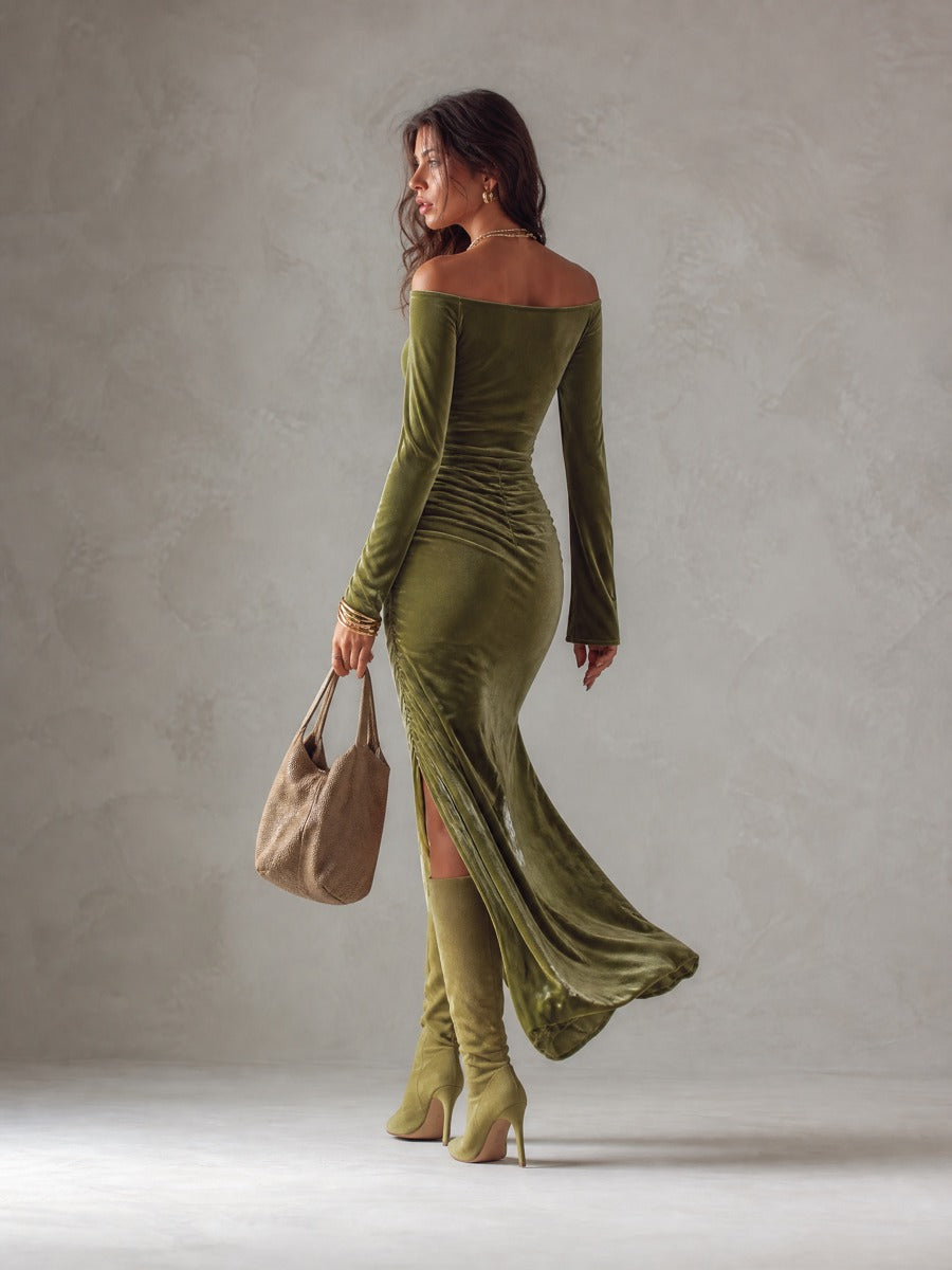 Vintage Off-Shoulder Velvet Ruched Maxi Dress with Slit