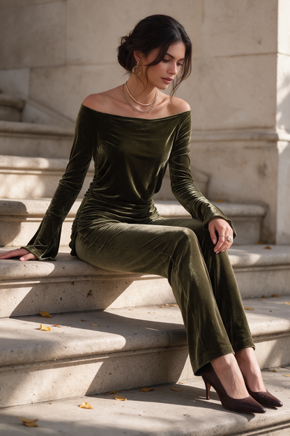 Vintage Off-Shoulder Velvet Bell Sleeve blouse