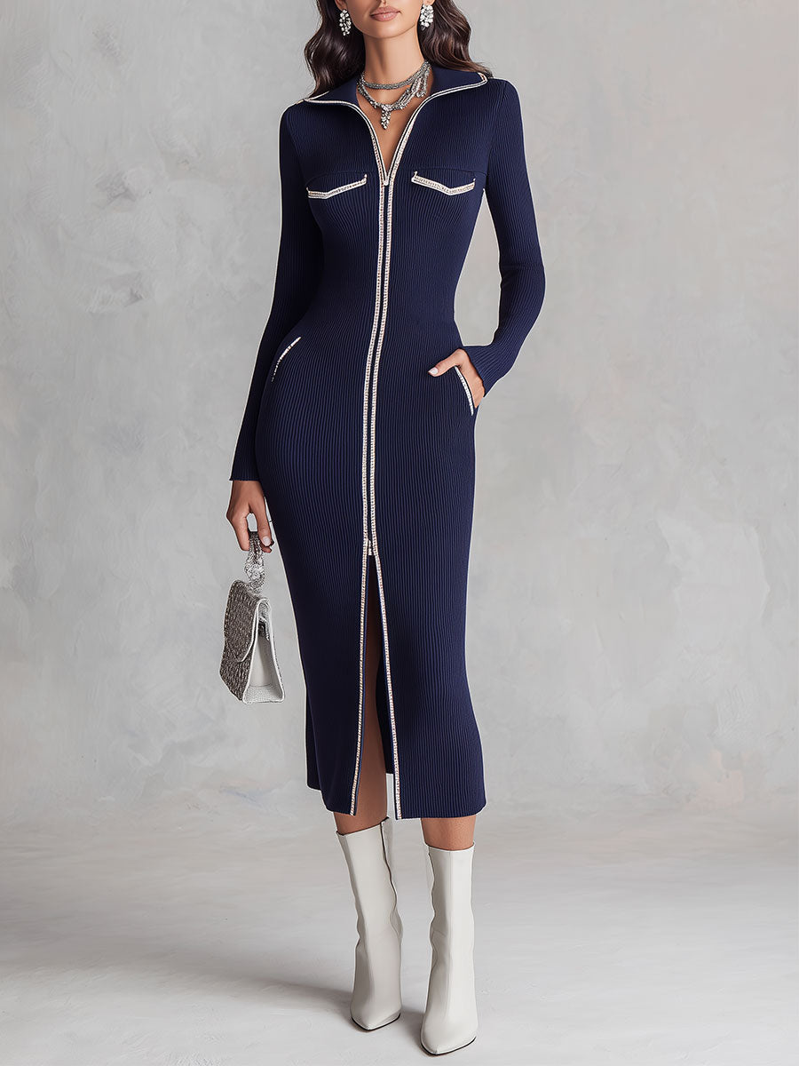 Elegant Two-way Zip Lapel Collar Ribbed-knit Midi Dress With Piped Detailing