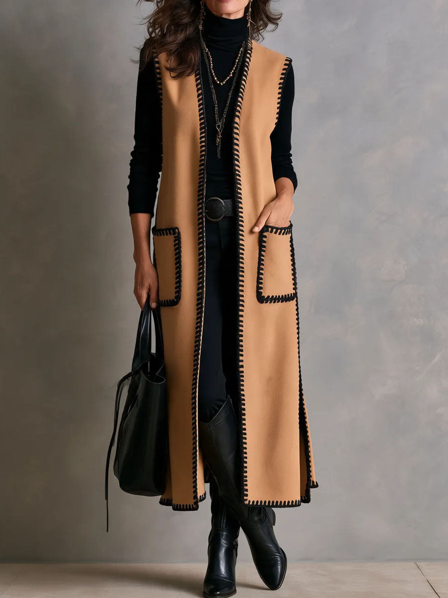 Western Nomadic Faux Suede Black Whip‑Stitch Sleeveless Coat