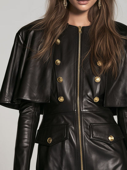 Old Money Decorative Gold Buttons Faux Leather Mini Dress With Cape Overlay