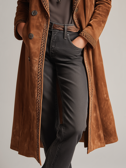 Vintage Camel Brown Embroidered-Trim Longline Coat
