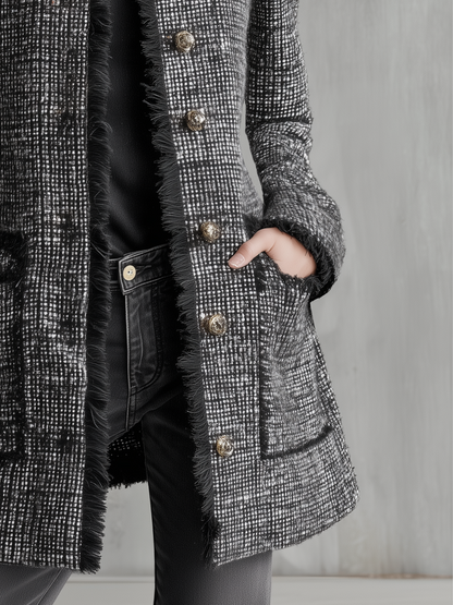 Refined Black Tweed Fringe-Trim Coat