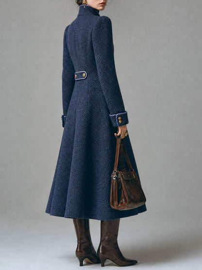 Herringbone Wool Double-Breasted Long Coat with Contrast Piping
